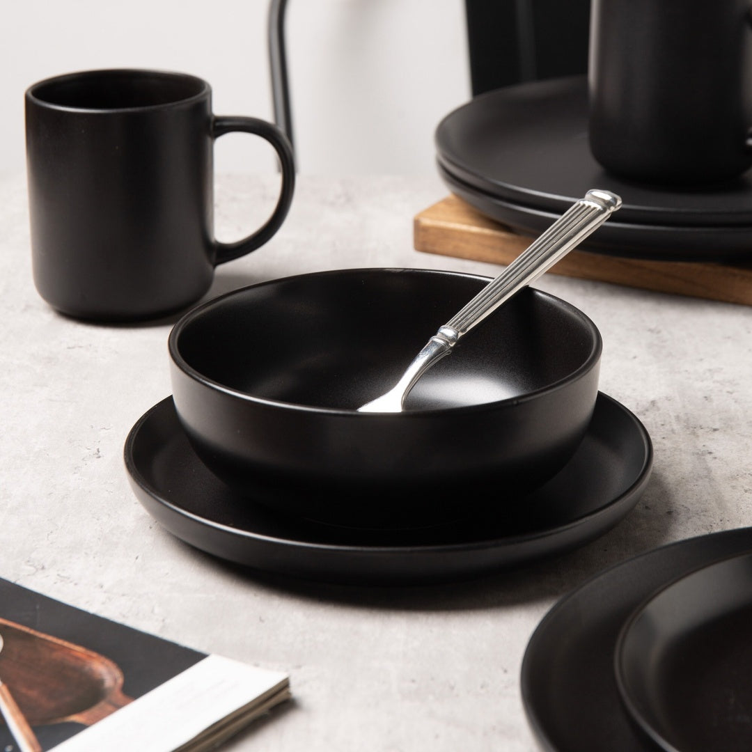 Black 12-Piece Stoneware Dinnerware Set with Mugs